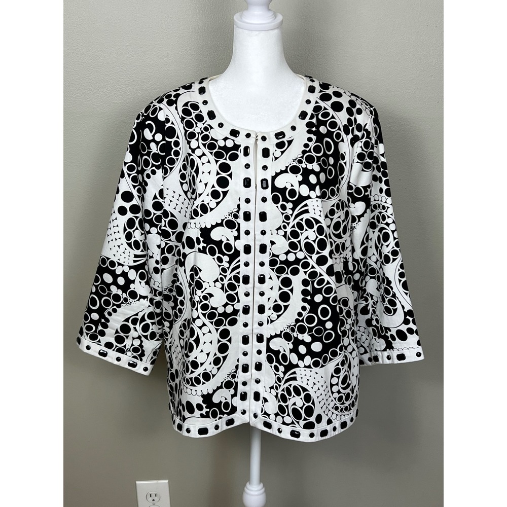 Saint Tropez West Woman Black White Paisley Jewel Embellished Jacket 1X Cotton